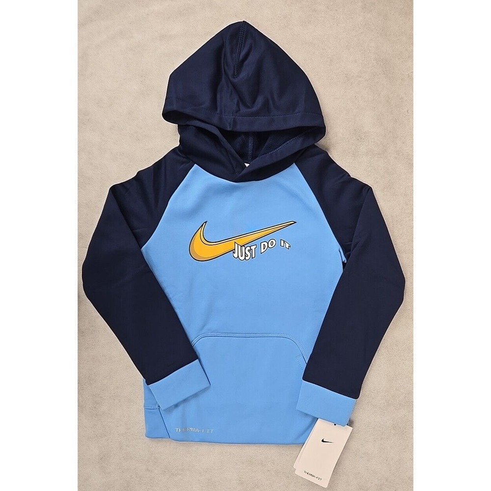 NWT Nike Boys Hoodie Size 4T Swoosh Pullover Hooded Sweatshirt Blue Logo